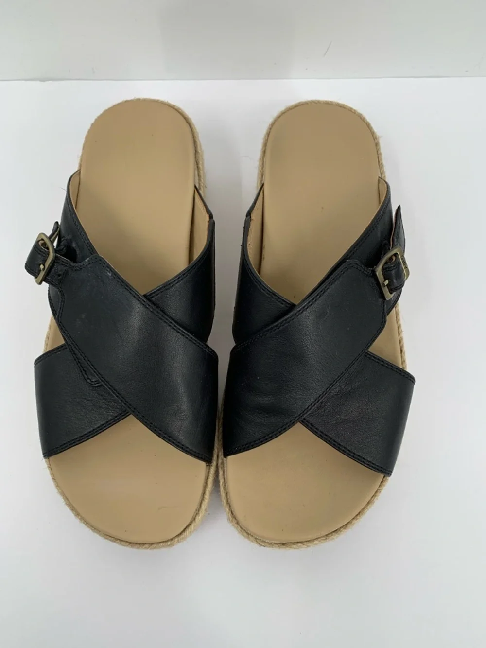 ABEO Solstice Cross wedge flatform slide sandal shoe leather Black espadrille 9